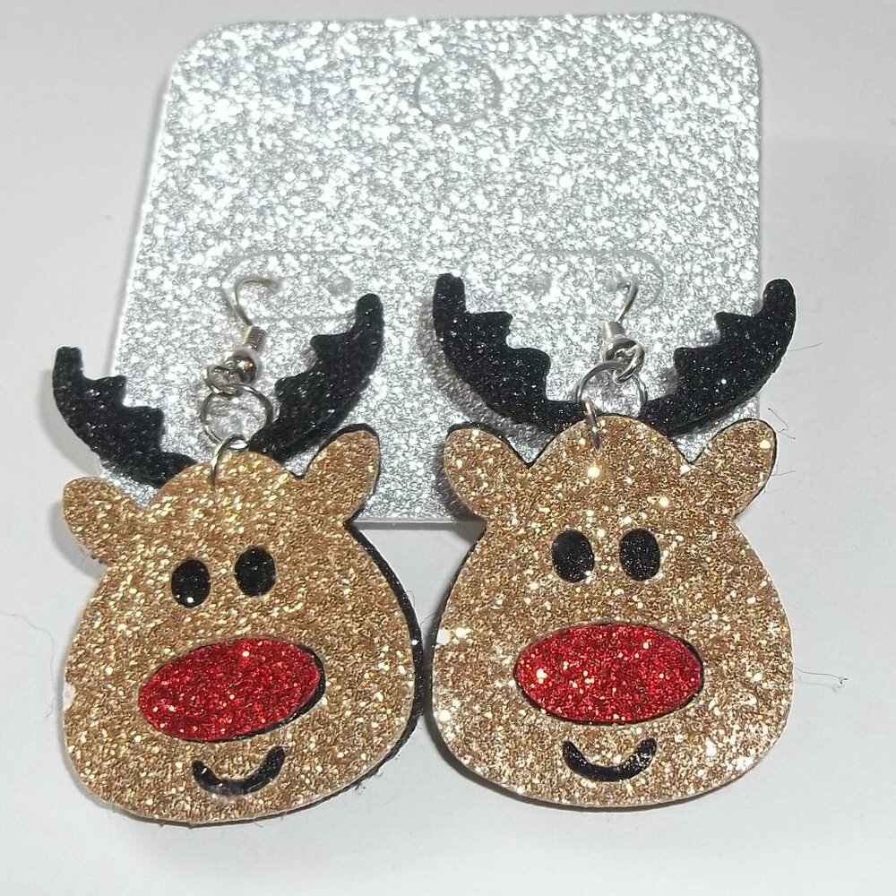 Glittery Rudolf Reindeer Earrings Festive Holiday Christmas Jewelry